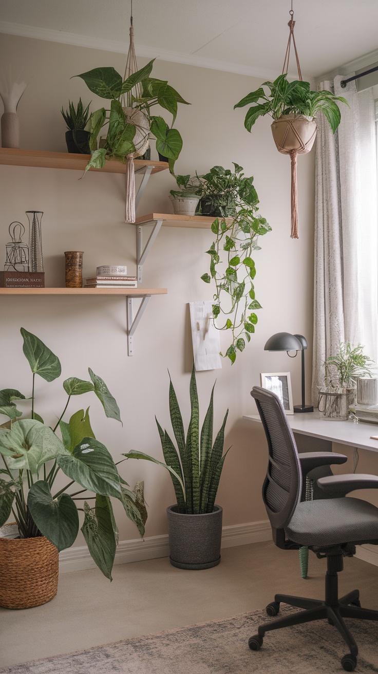 A bright sunroom filled with plants, featuring a desk and chair, perfect for a home office.