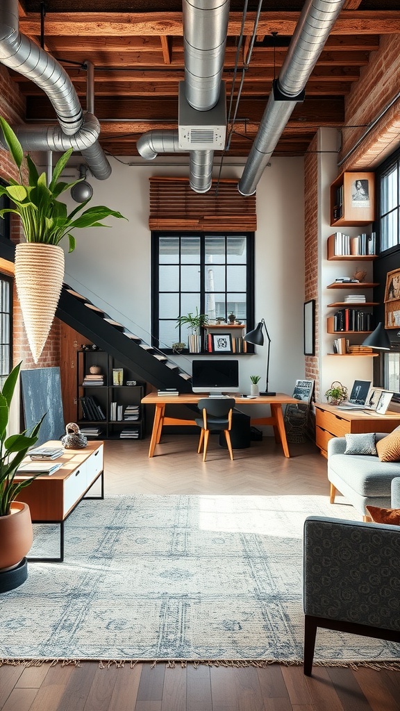 An urban loft style home office featuring a blend of industrial and modern decor with plants and wooden furniture.