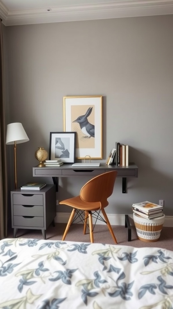 A stylish wall-mounted desk in a modern bedroom, featuring a comfortable chair and decorative elements.