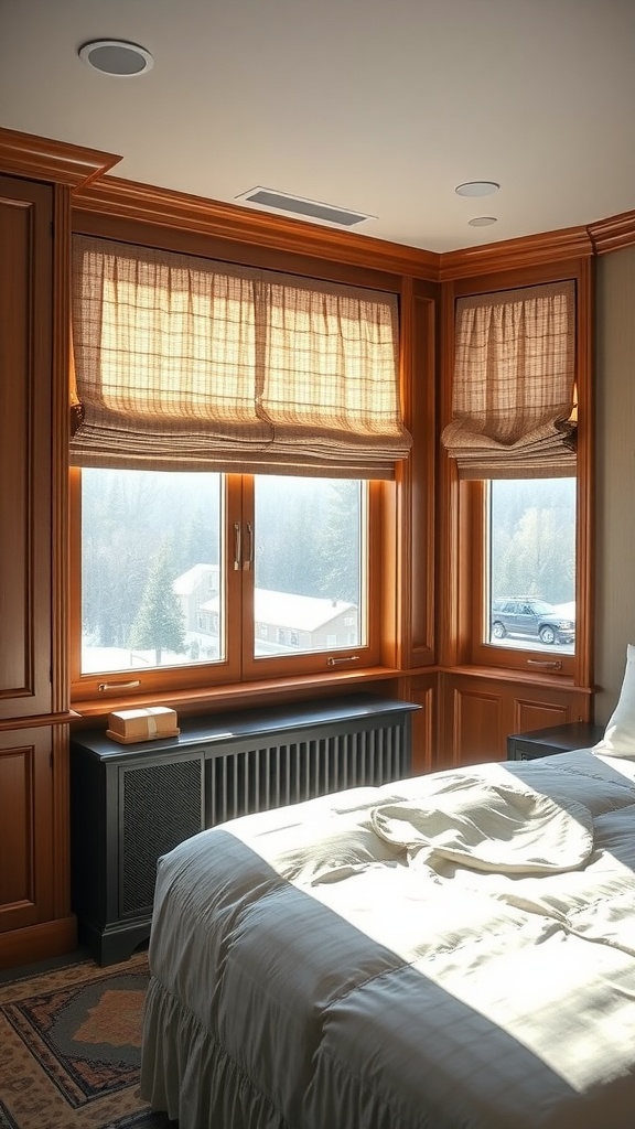 Cozy murphy bed office guest bedroom featuring roman shades.