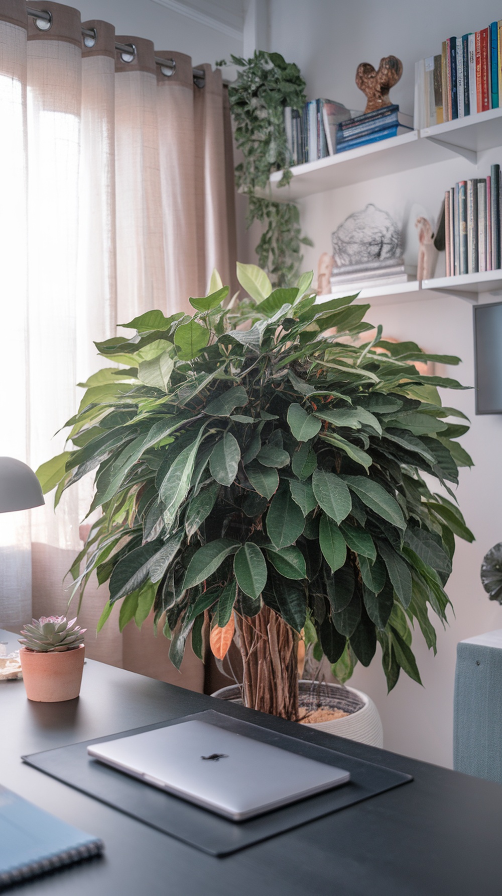 Chinese Evergreen plant in a cozy home office setting