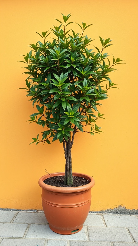 Chinese Evergreen plant in a terracotta pot against a bright orange wall.
