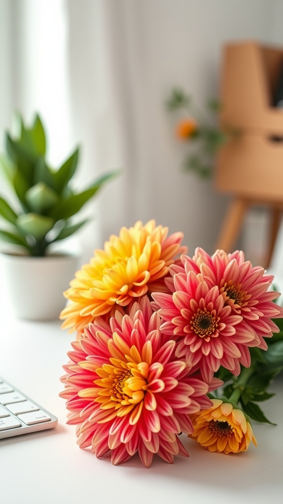 A close-up of pink and yellow chrysanthemums on a desk next to a keyboard, with a small plant in the background.
