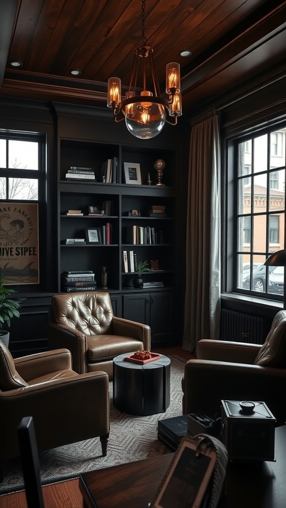 A sophisticated and moody home office with dark wooden details, tufted brown armchairs, and warm lighting.