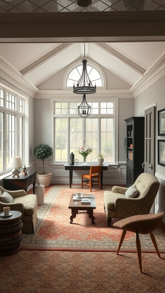 Interior of a Classic Colonial Sunroom with elegant furniture and large windows