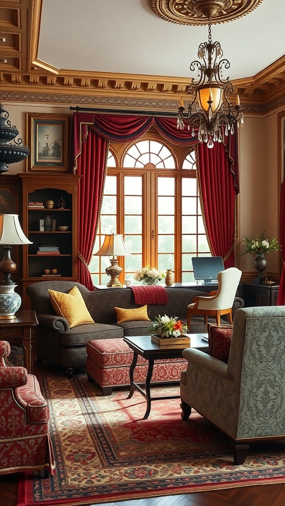 A traditional style living room featuring rich colors, elegant furniture, and a cozy atmosphere.