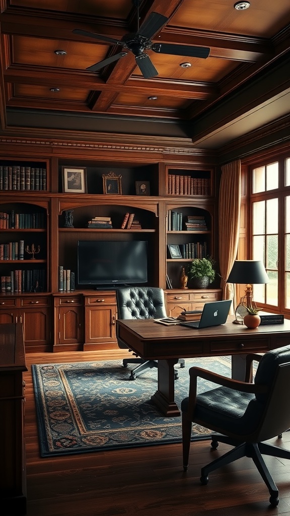A classic executive office featuring dark wood furniture, a large desk, and bookshelves filled with books.