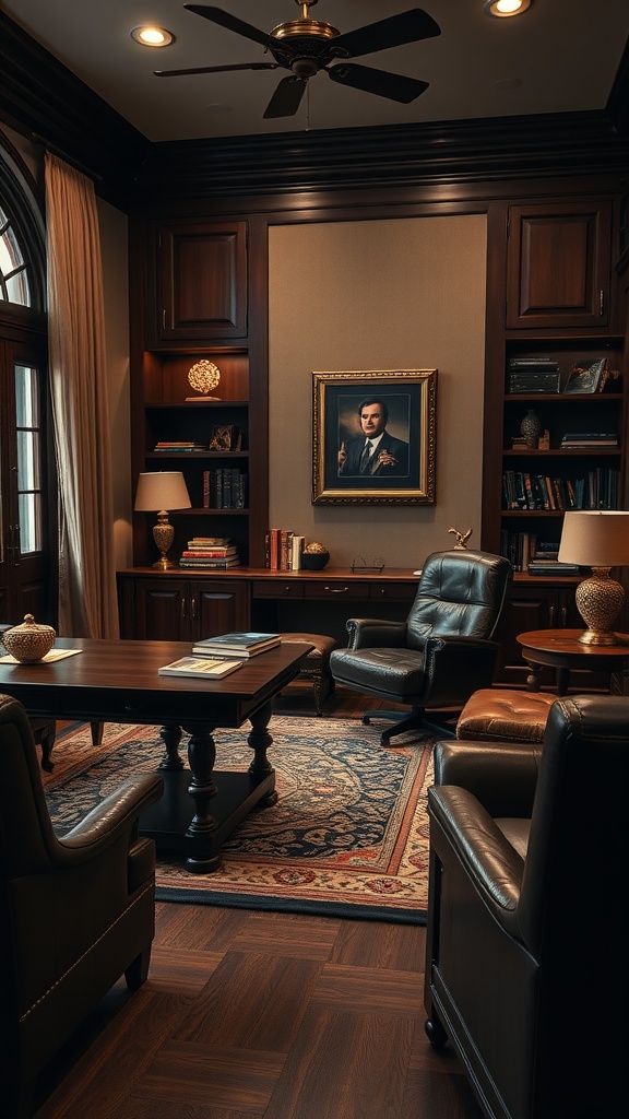 A classic executive office with wooden furniture, leather chairs, and a framed portrait.