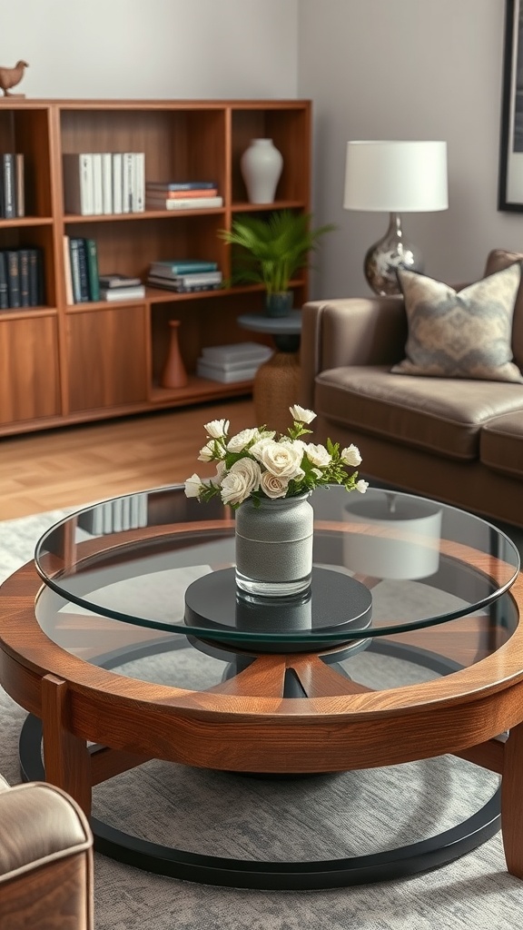 A round wooden coffee table with a glass top, featuring a flower vase, situated in a cozy living room setting.