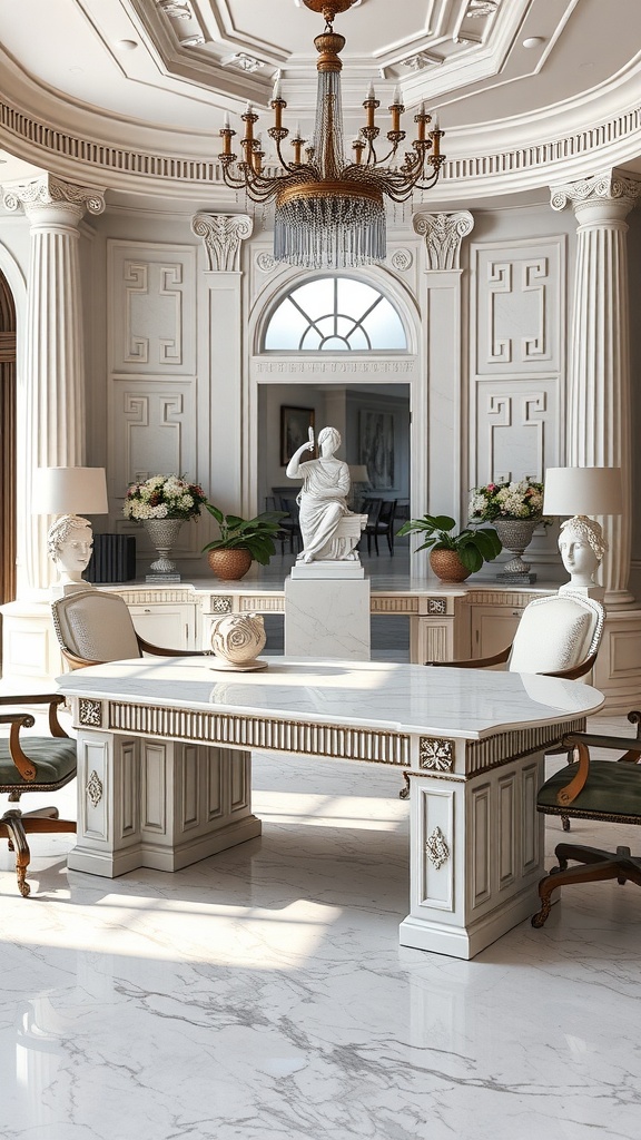 A classic marble desk in a luxurious home office with Greek architectural elements.