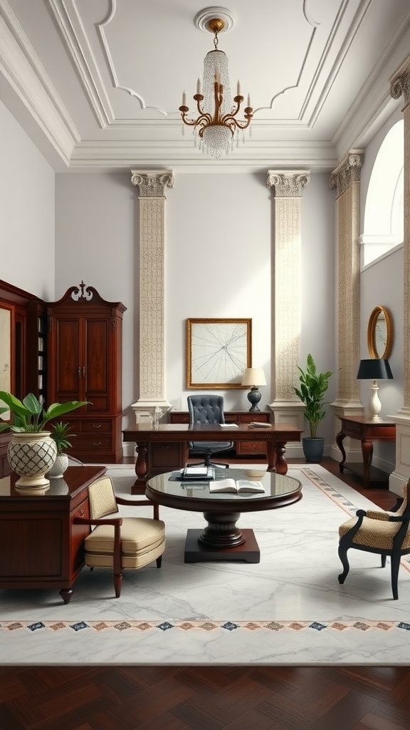 A classic Roman style home office featuring elegant furniture, a chandelier, and a marble floor.