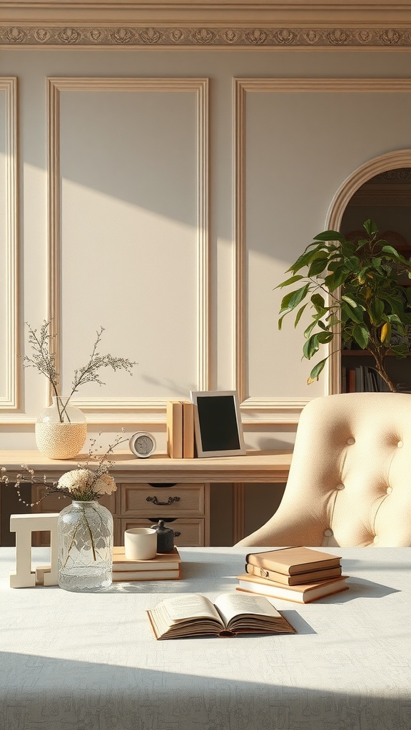 A classy feminine home office featuring a well-arranged desk with books, a vase, and a chair, illuminated by soft natural light.