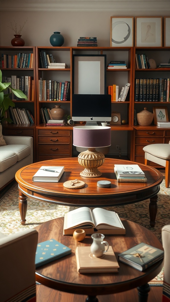A cozy home office with a classic wooden coffee table, surrounded by bookshelves and decorative items.