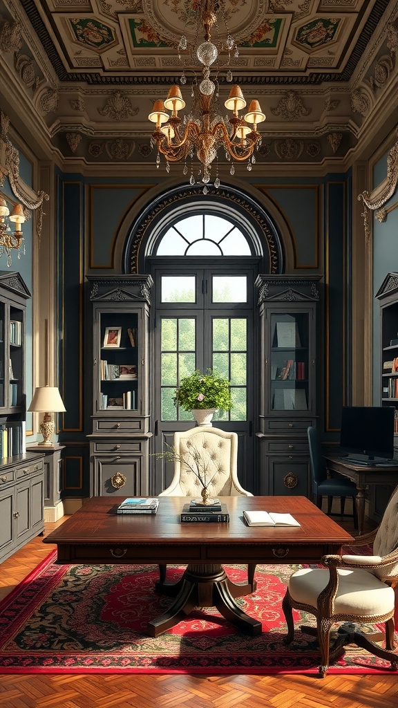 Elegant classical European-style home office with intricate ceiling details, wooden furniture, and natural lighting.