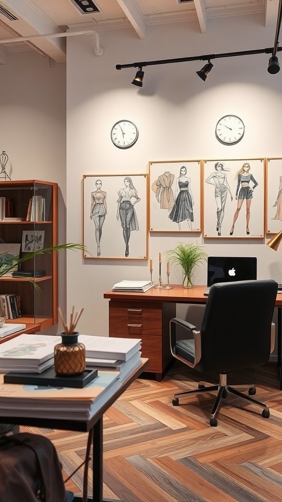 Stylish home office featuring fashion sketches of female figures on the wall.