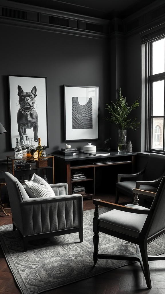 A stylish dark-themed home office featuring elegant seating, art pieces, and a bar cart.