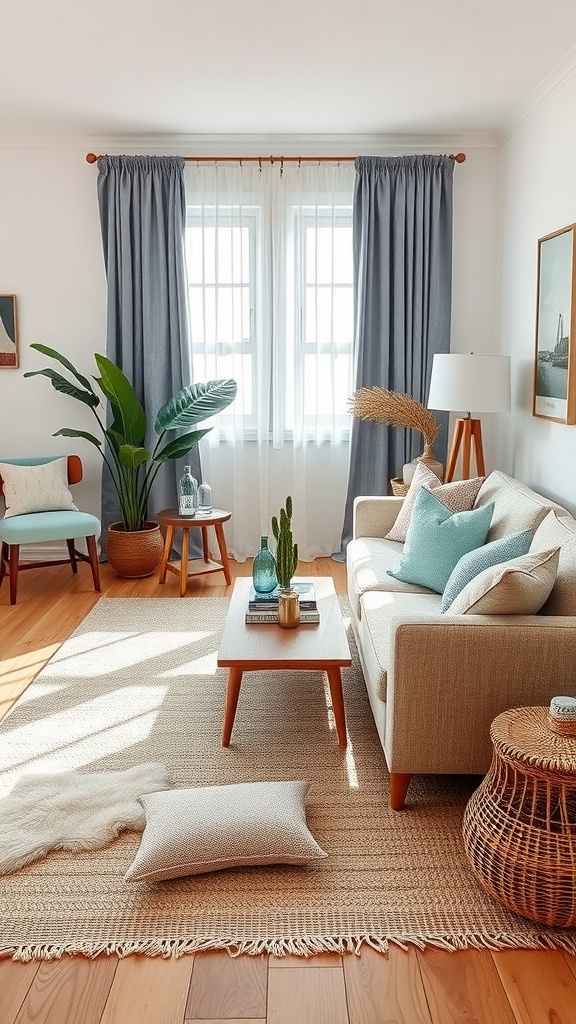 A cozy living room featuring coastal-inspired decor with soft blue and natural tones, a comfortable sofa, and various textiles.