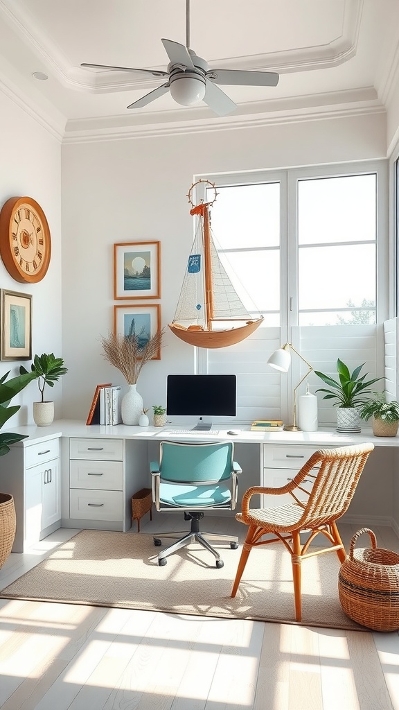 A bright and airy coastal-inspired home office featuring a desk, computer, and decorative elements like a hanging sailboat and plants.