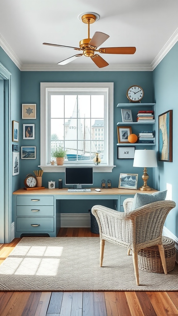 Coastal-themed home office with blue walls, light wood desk, and nautical decor.