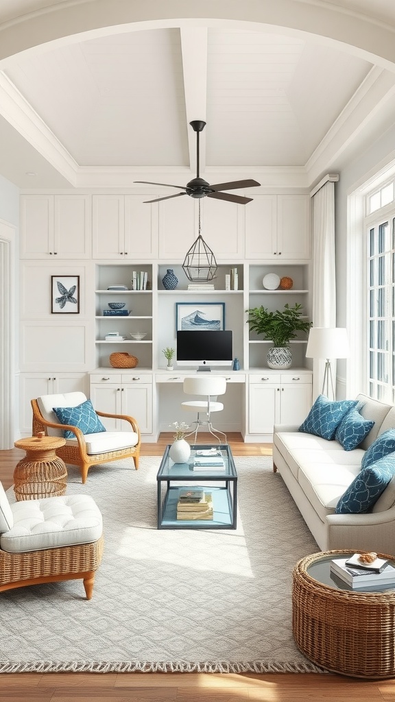 A coastal-themed living room featuring a home office setup with light colors and natural textures.