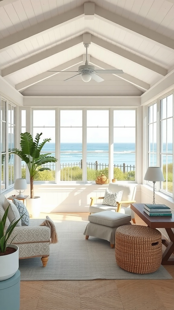 A bright coastal sunroom with large windows overlooking the ocean, featuring comfortable seating and plants.