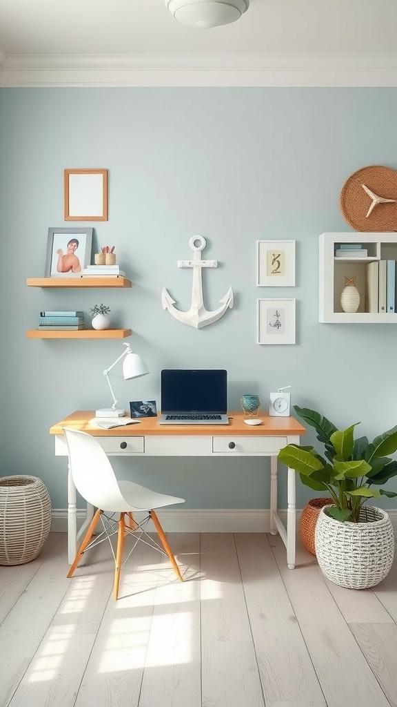 Coastal inspired home office featuring blue walls, wooden desk, white chair, and nautical elements