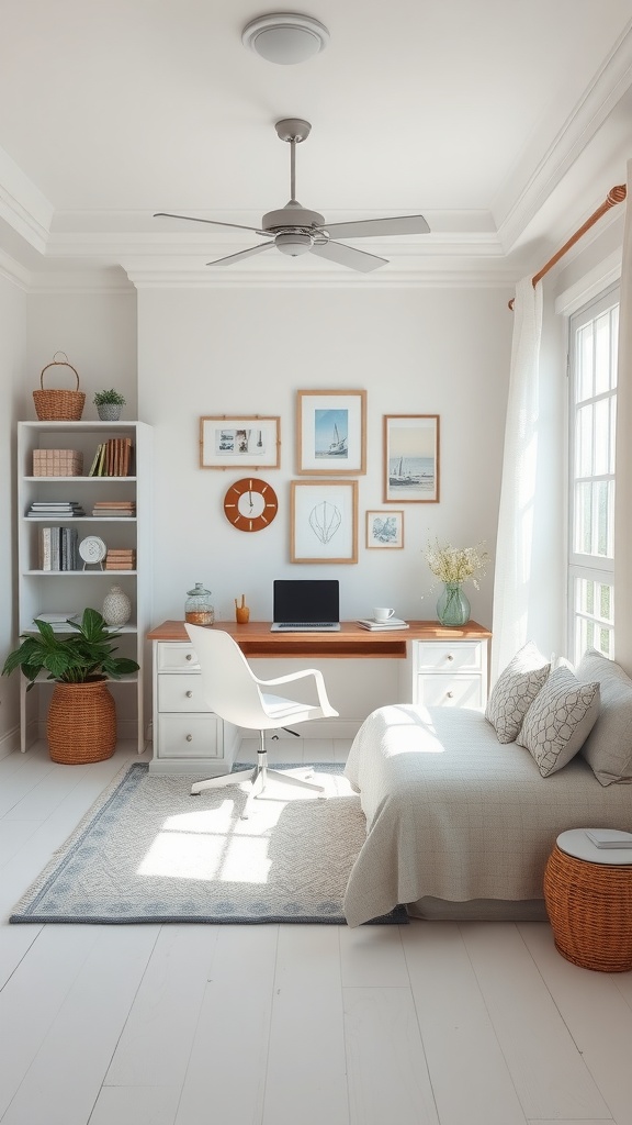 A bright home office featuring coastal decor with a bed, desk, and nautical-themed artwork.