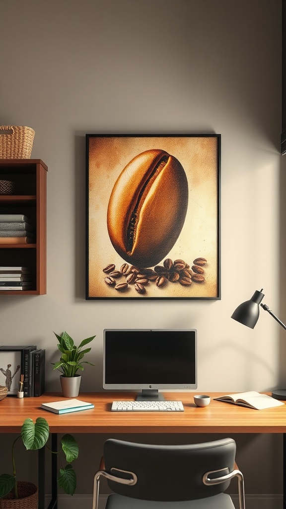A wall decorated with various coffee-themed art prints in different frames, above a desk setup.