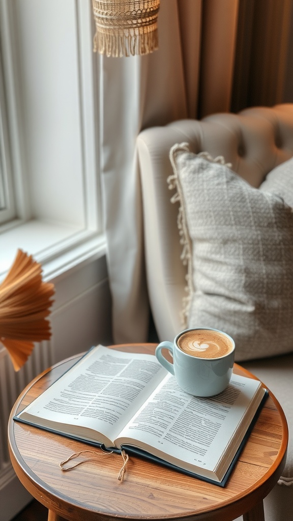 A cozy coffee and book corner featuring an armchair, a cup of coffee on an open book, and a stack of books nearby.