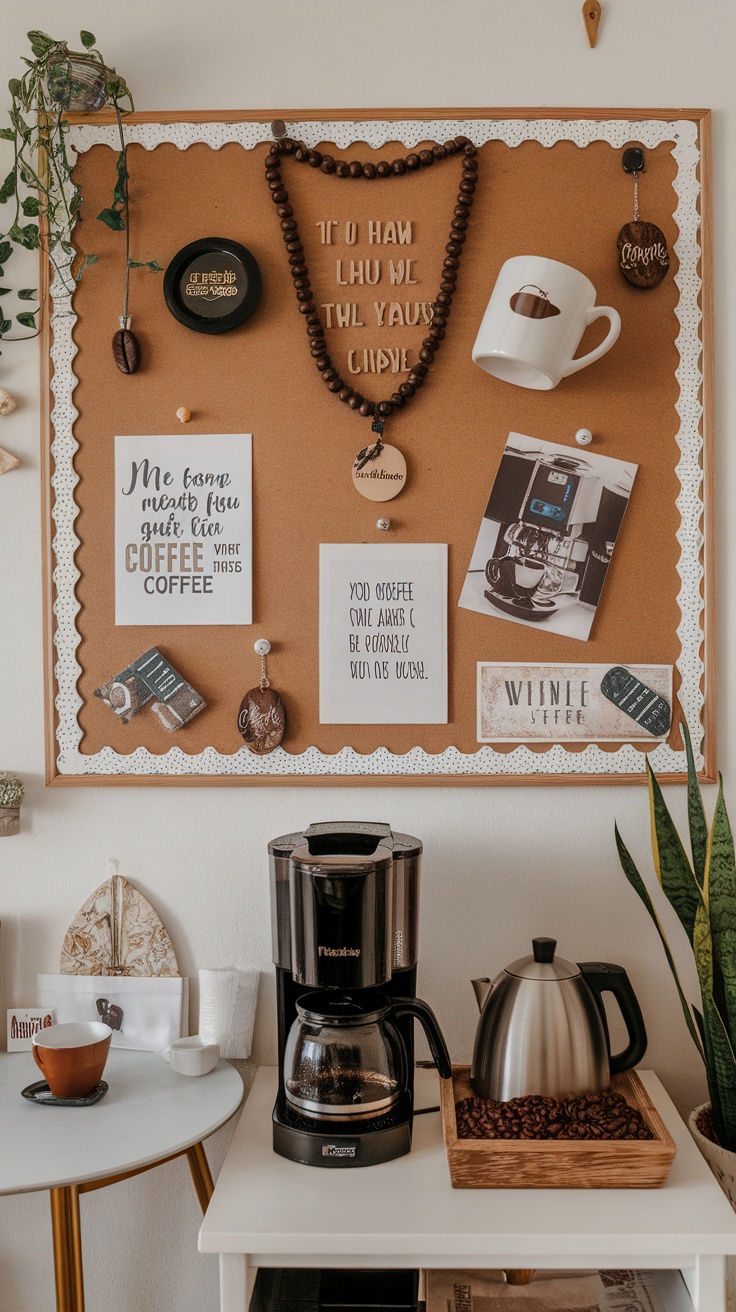 A coffee corner design with a board featuring coffee-themed quotes and images, alongside a coffee maker setup.