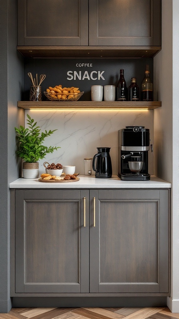 A cozy coffee corner with a coffee maker and snacks