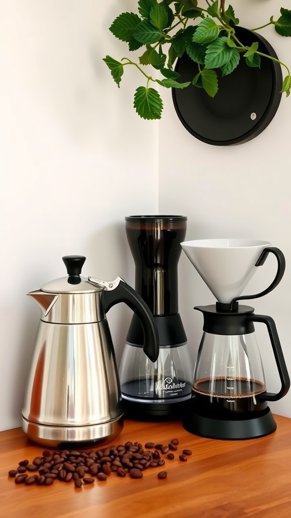 A coffee brewing setup with a stovetop espresso maker, a drip coffee maker, and a pour-over coffee setup on a wooden surface with coffee beans scattered around.