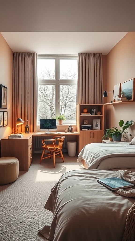 A cozy bedroom with a workspace, featuring warm colors and natural light.
