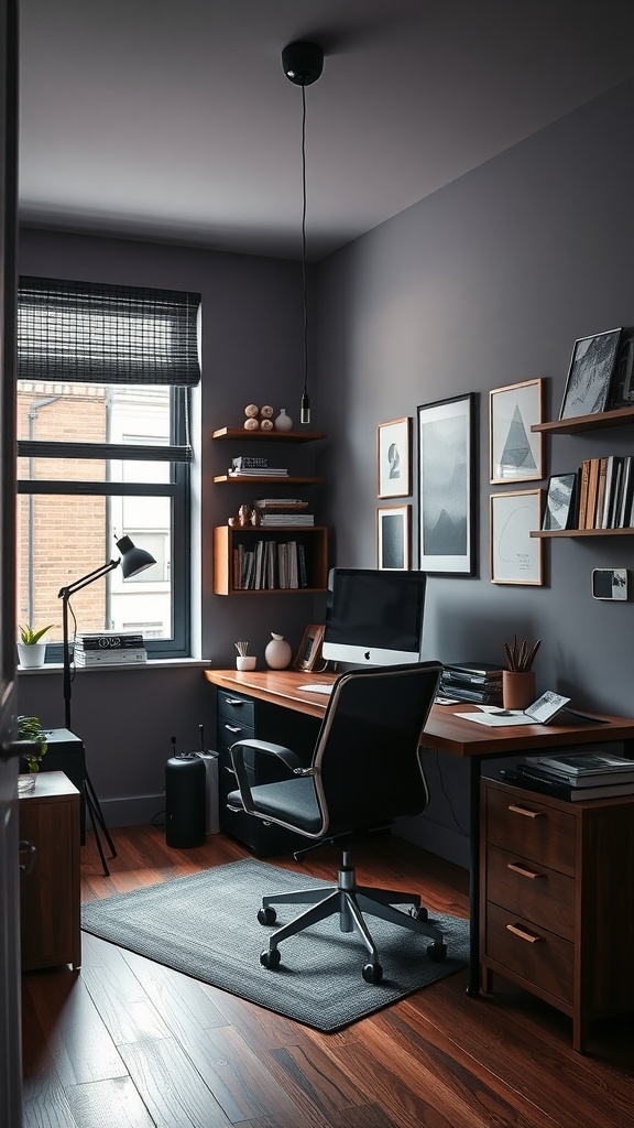 A small home office featuring a modern desk, wooden shelves, and a cohesive gray color scheme.