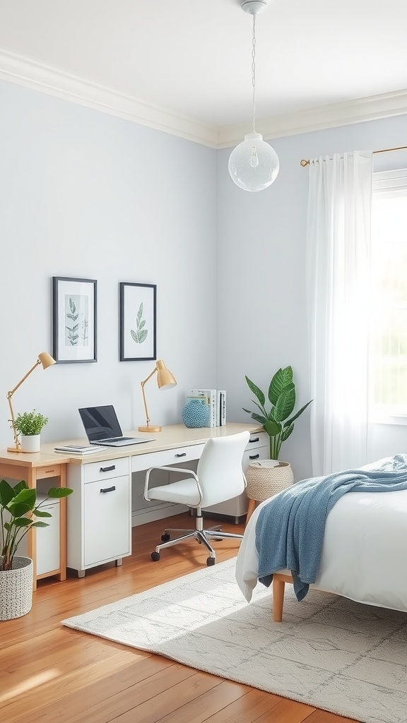 A serene home office with a Murphy bed, featuring a modern desk and light colors for a cozy look.