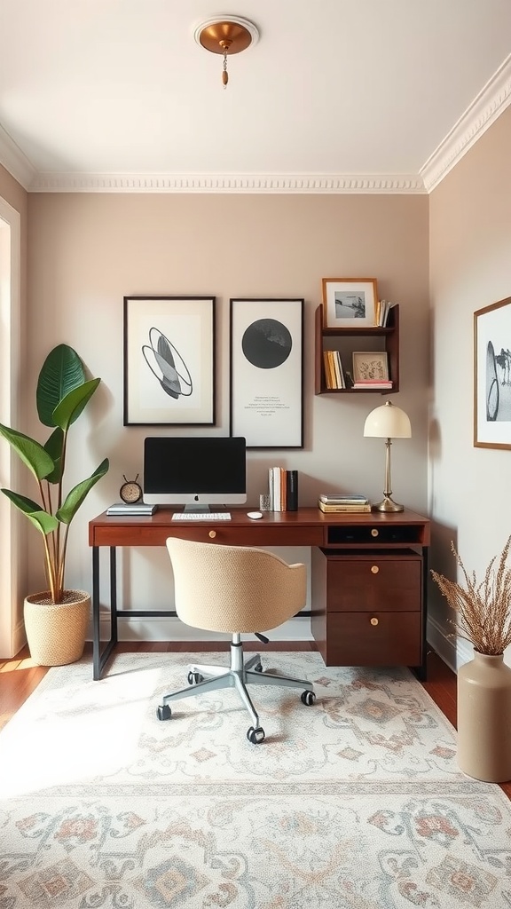 Modern home office featuring a clean desk, stylish chair, and decorative wall shelves