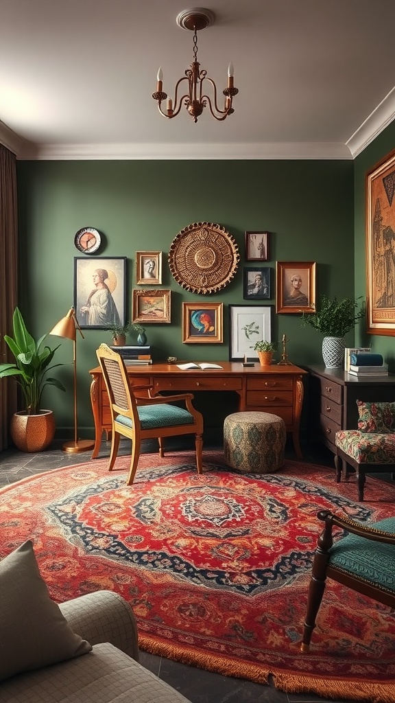A cozy boho home office featuring an olive green color palette, a wooden desk, colorful rugs, and various artwork on the walls.