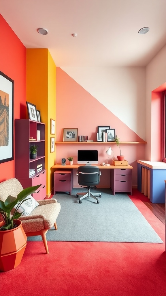 Color-blocked home office with vibrant walls and modern furniture