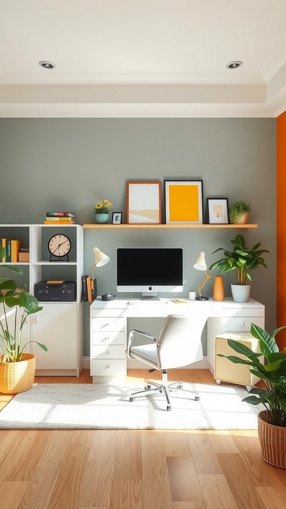 A modern home office featuring a white desk, green plants, and a blend of gray and orange walls.