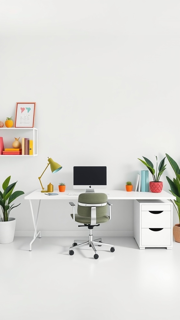 A minimalist home office with colorful accents including plants, decorative items, and a stylish desk lamp.