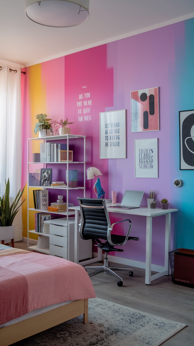 Cozy bedroom with a colorful accent wall decorated with framed quotes and artwork.