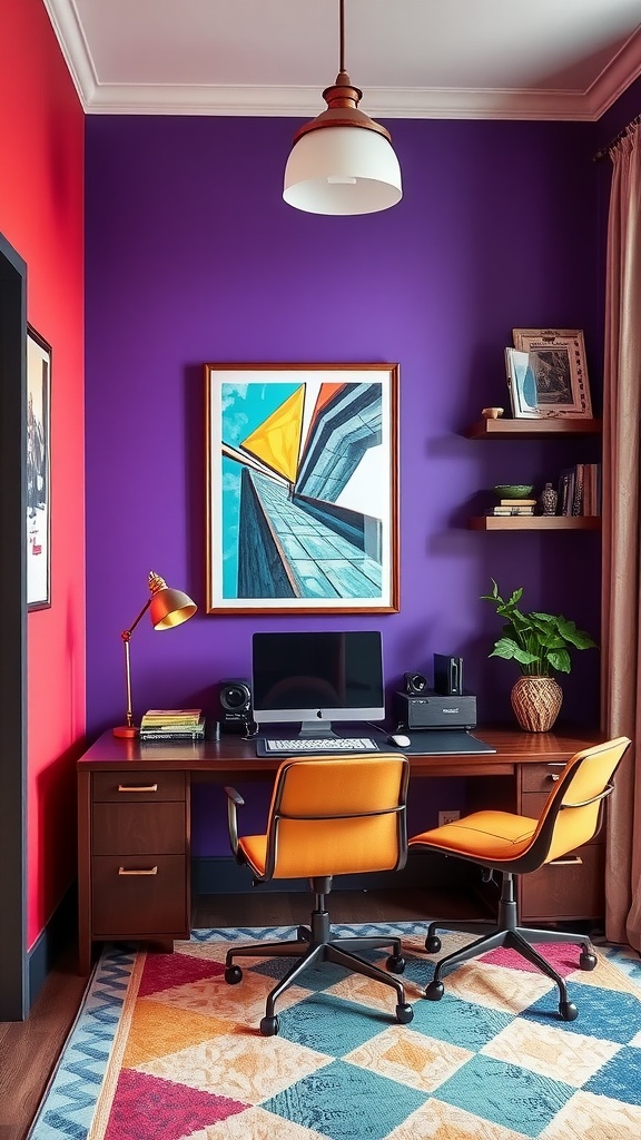 A colorful home office featuring a teal accent wall, modern desk, and pink accent chair.