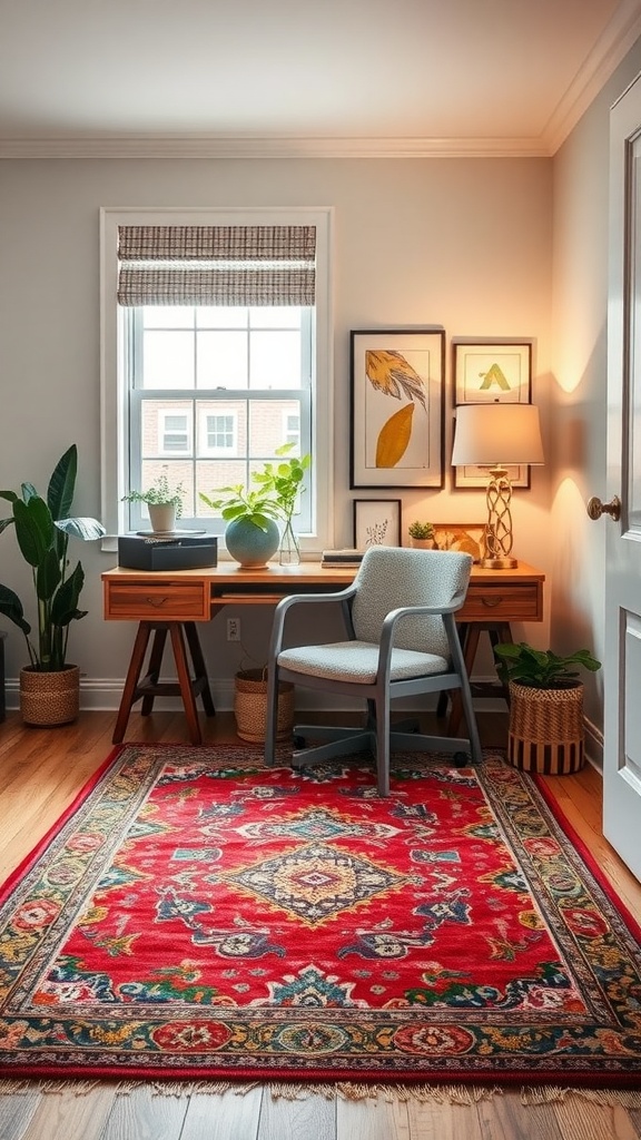 Colorful area rug in a cozy English cottage style home office with a desk, chair, and shelves.