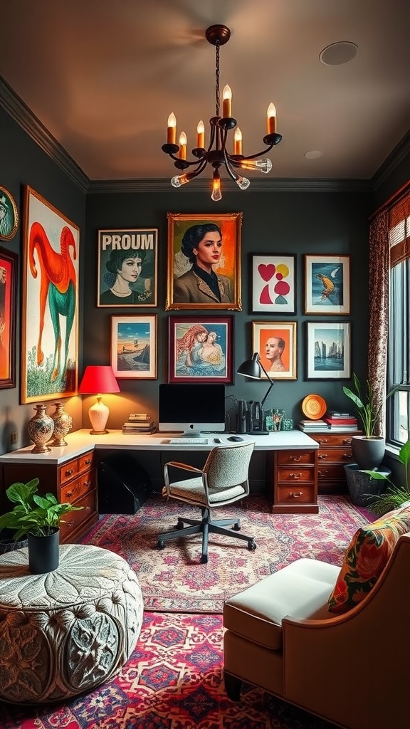 An eclectic home office featuring colorful artwork, cozy seating, and a stylish desk.