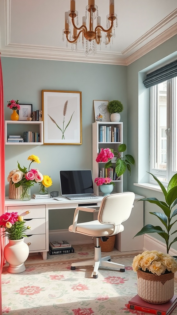 A bright and inviting feminine home office with flowers, a computer, and elegant decor.