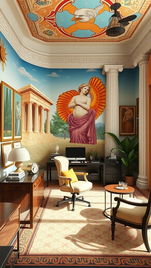 Home office with colorful fresco walls depicting Greek mythology and architectural elements.