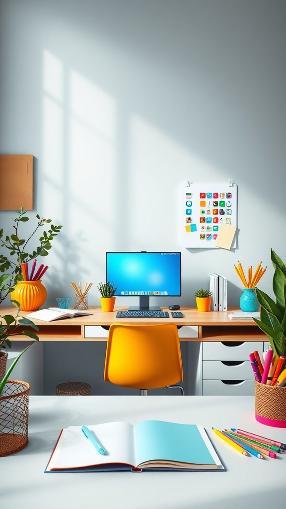 A bright and colorful home office setup with plants and vibrant stationery.