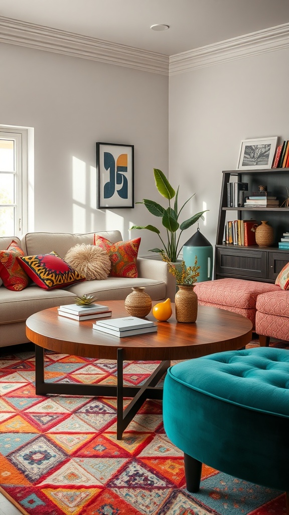 A cozy living room with a colorful coffee table and vibrant decor.