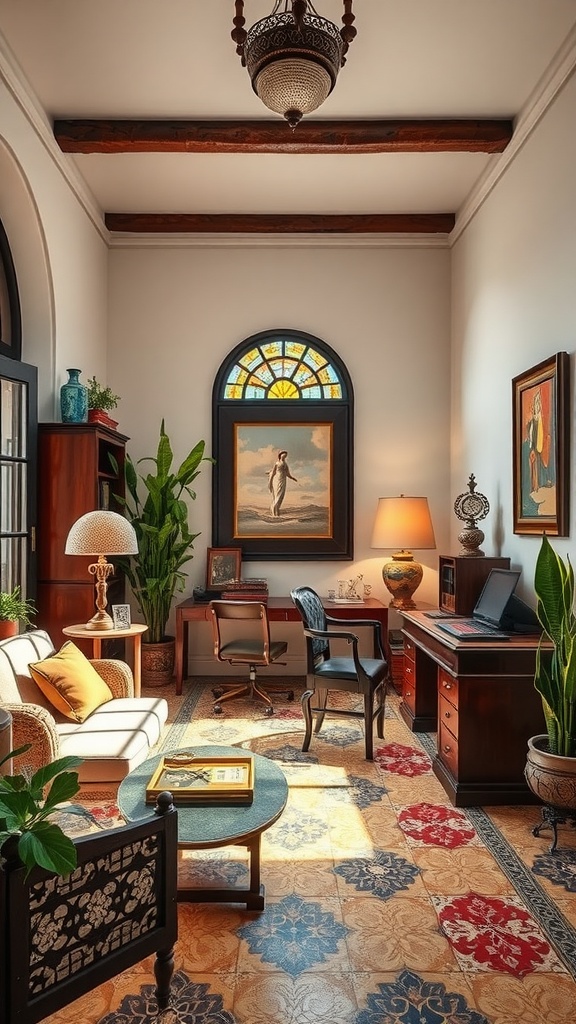 A cozy home office featuring colorful tiled flooring, wooden beams, and decorative plants, reflecting Spanish architecture style.