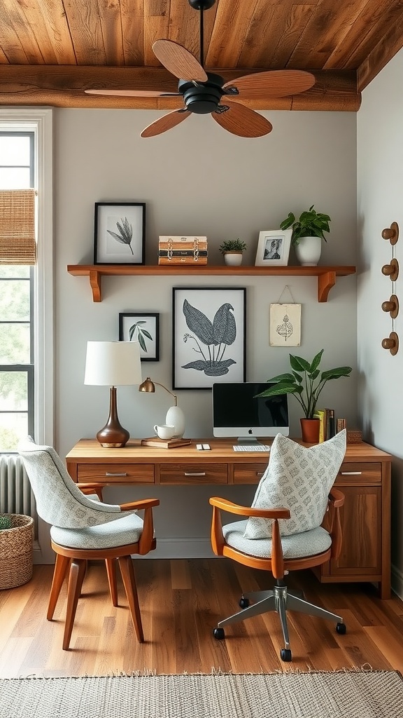 A bright home office featuring modern furniture and rustic elements, adorned with plants and natural light.